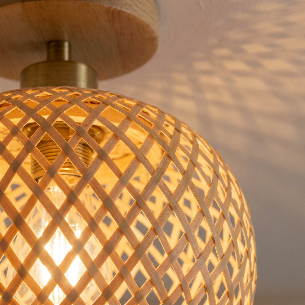 Detail of the handwoven bamboo shade, Retro Woven Bamboo Ceiling Light