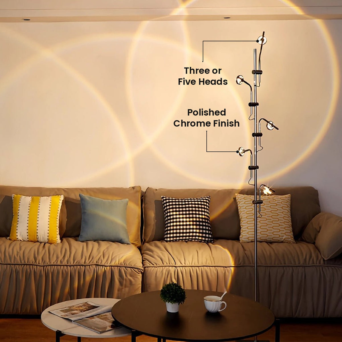 Multi Angle Task Floor Lamp: Three or Five Heads, Polished Chrome Finish