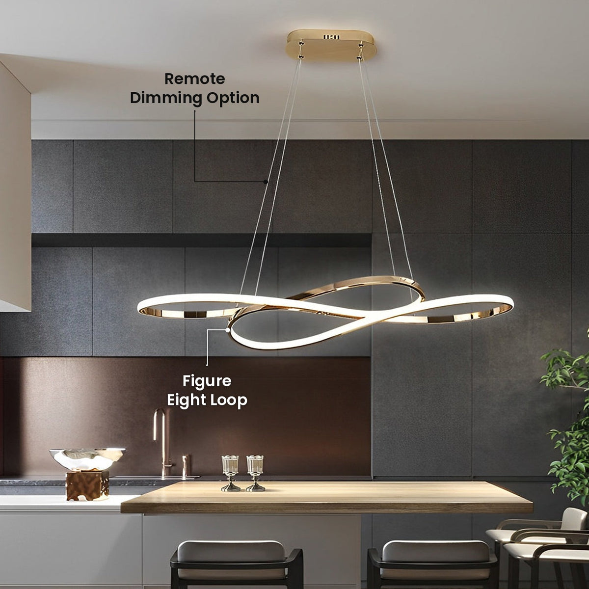 Infinity Loop LED Linear Chandelier: Figure Eight Loop, Remote Dimming Option