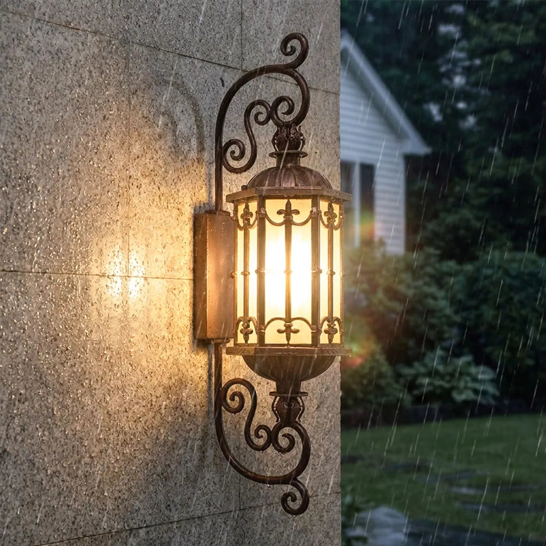 Scrolled Iron Lantern Sconce, Bronze Outdoor Wall Light