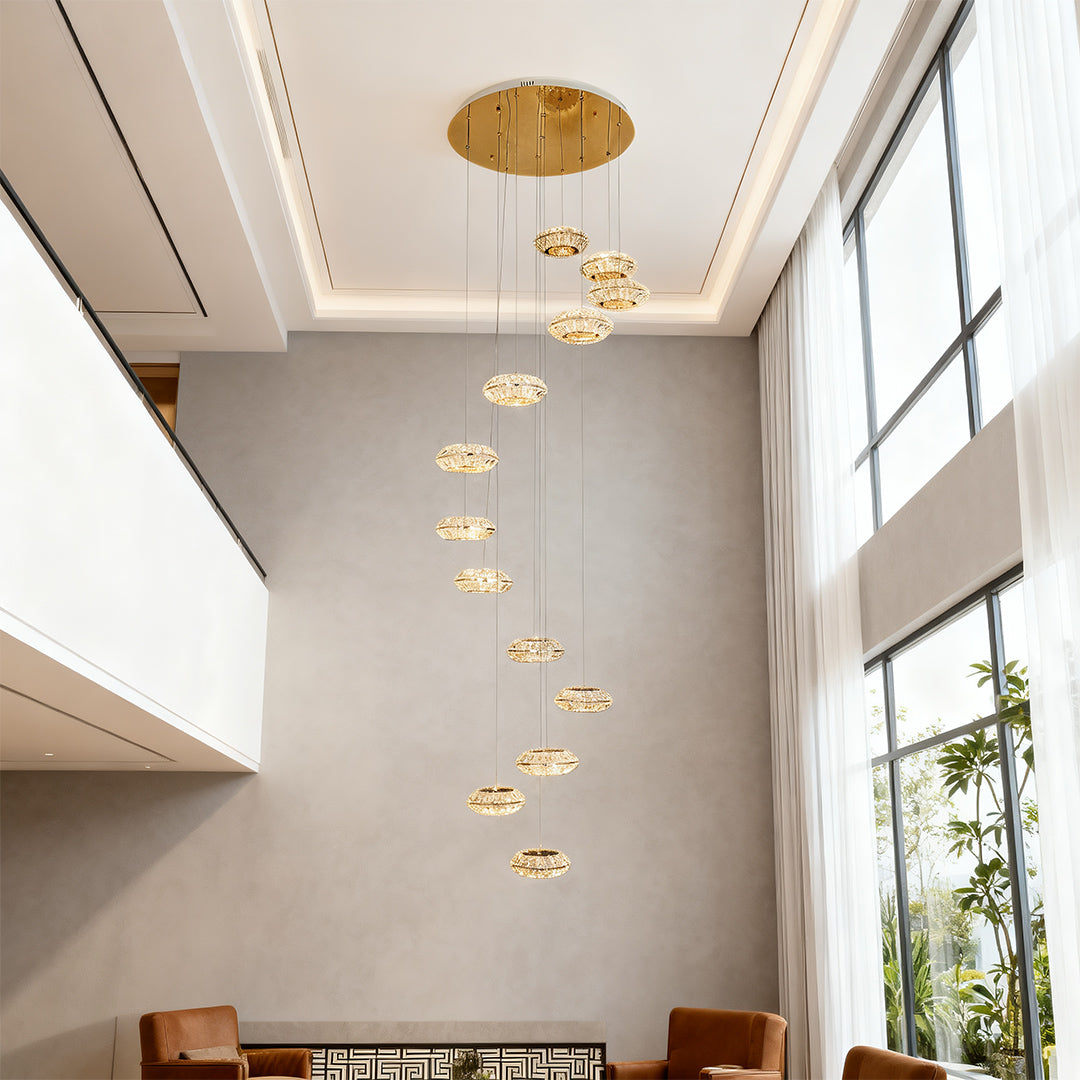 Crystal Halo Staircase Chandelier, Titanium Gold Duplex Light 4