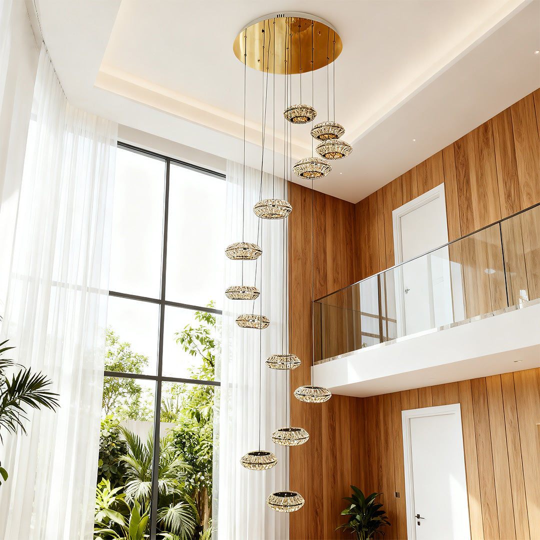 Crystal Halo Staircase Chandelier, Titanium Gold Duplex Light 2