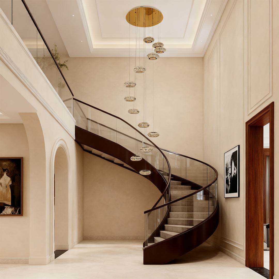 Crystal Halo Staircase Chandelier, Titanium Gold Duplex Light