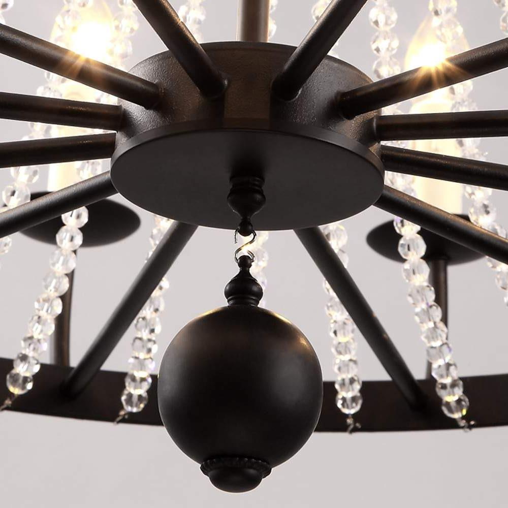 Crystal Cascade Wagon Wheel Candle Chandelier, Black Metal Light 8