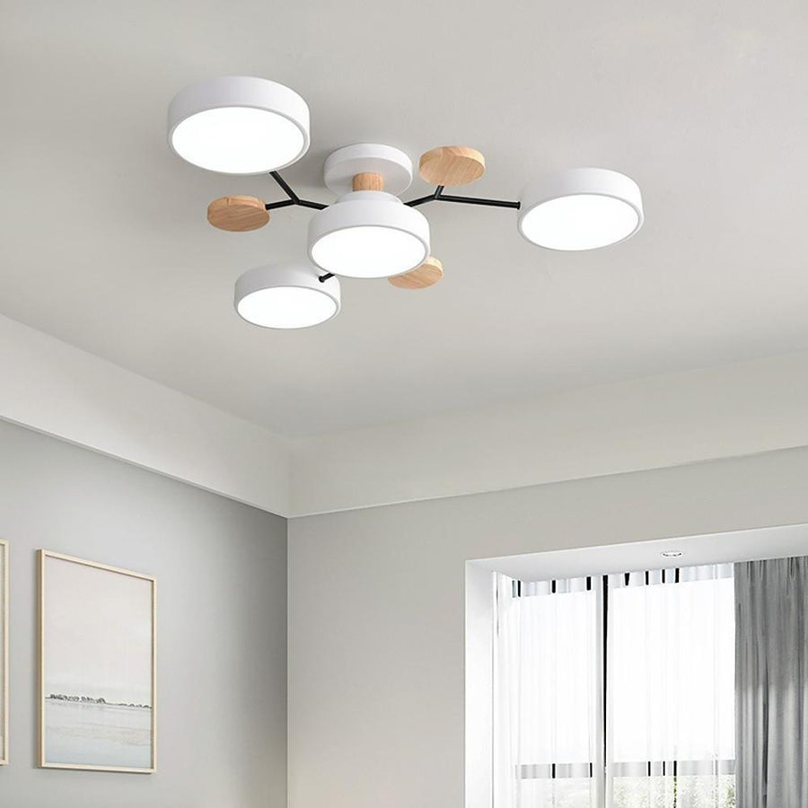 Orbit Disc Semi Flush Chandelier, Wood Accent Metal Ceiling Light 12