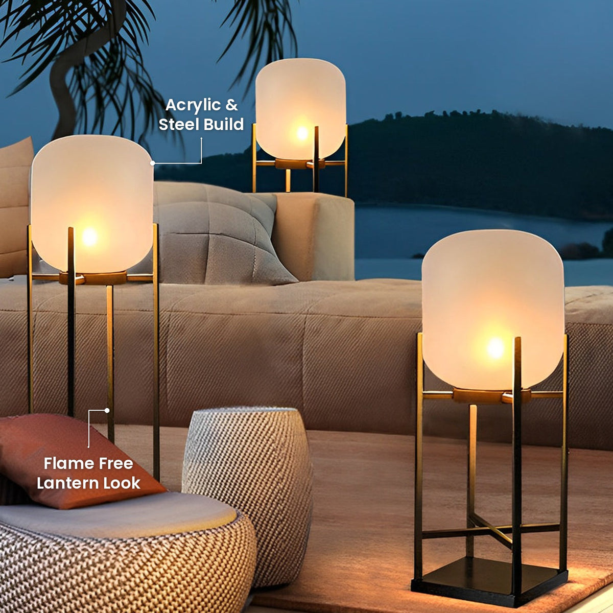 Standing Lantern Floor Light: Flame Free Lantern Look, Acrylic & Steel Build