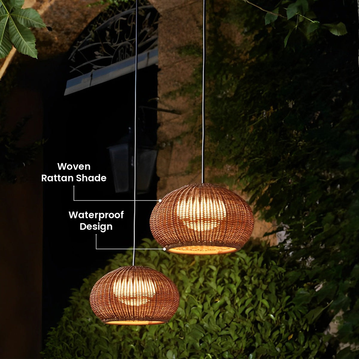 Rattan Hanging Lantern: Woven Rattan Shade, Waterproof Design
