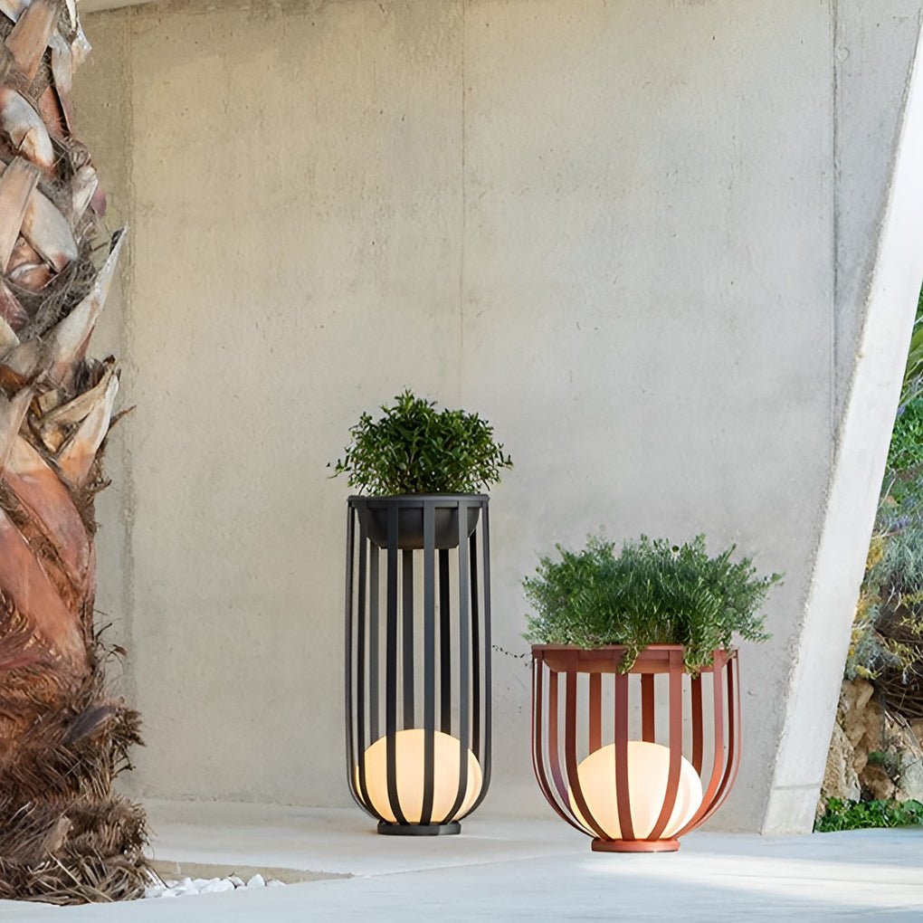 Caged Globe Planter Lantern, Industrial Steel Outdoor Floor Lamp