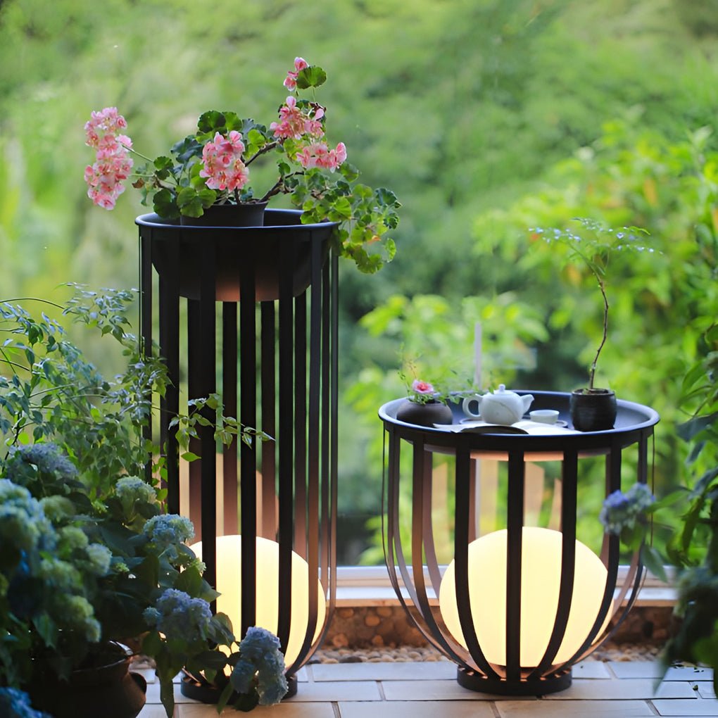 Caged Globe Planter Lantern, Industrial Steel Outdoor Floor Lamp