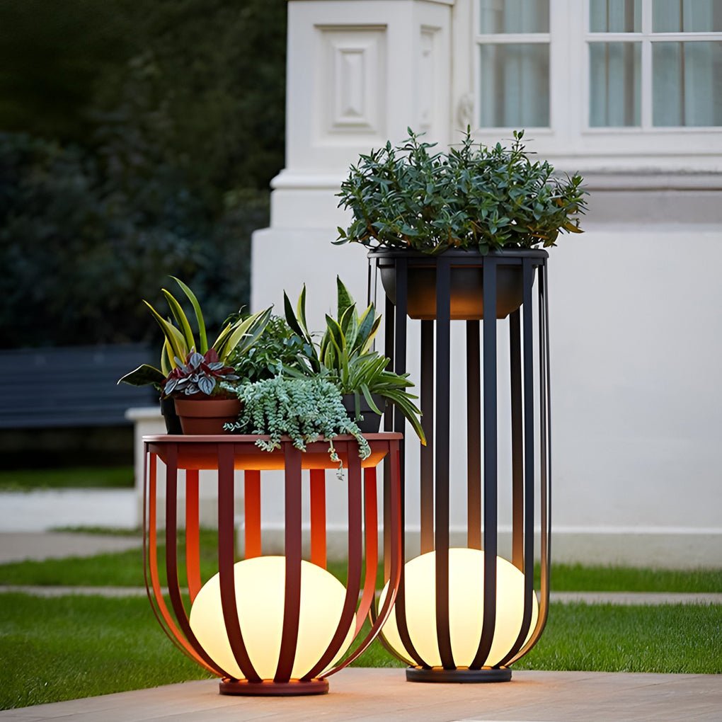 Caged Globe Planter Lantern, Industrial Steel Outdoor Floor Lamp