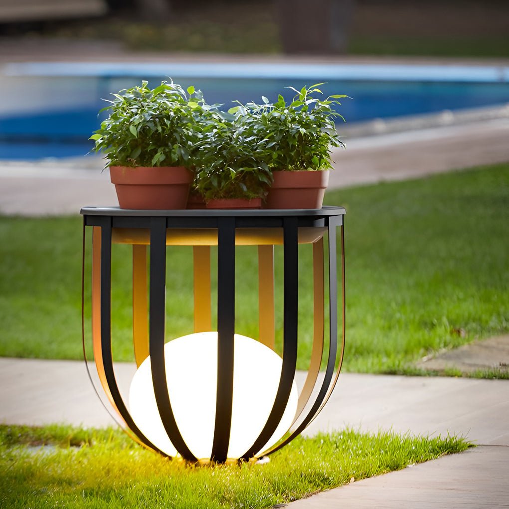 Caged Globe Planter Lantern, Industrial Steel Outdoor Floor Lamp