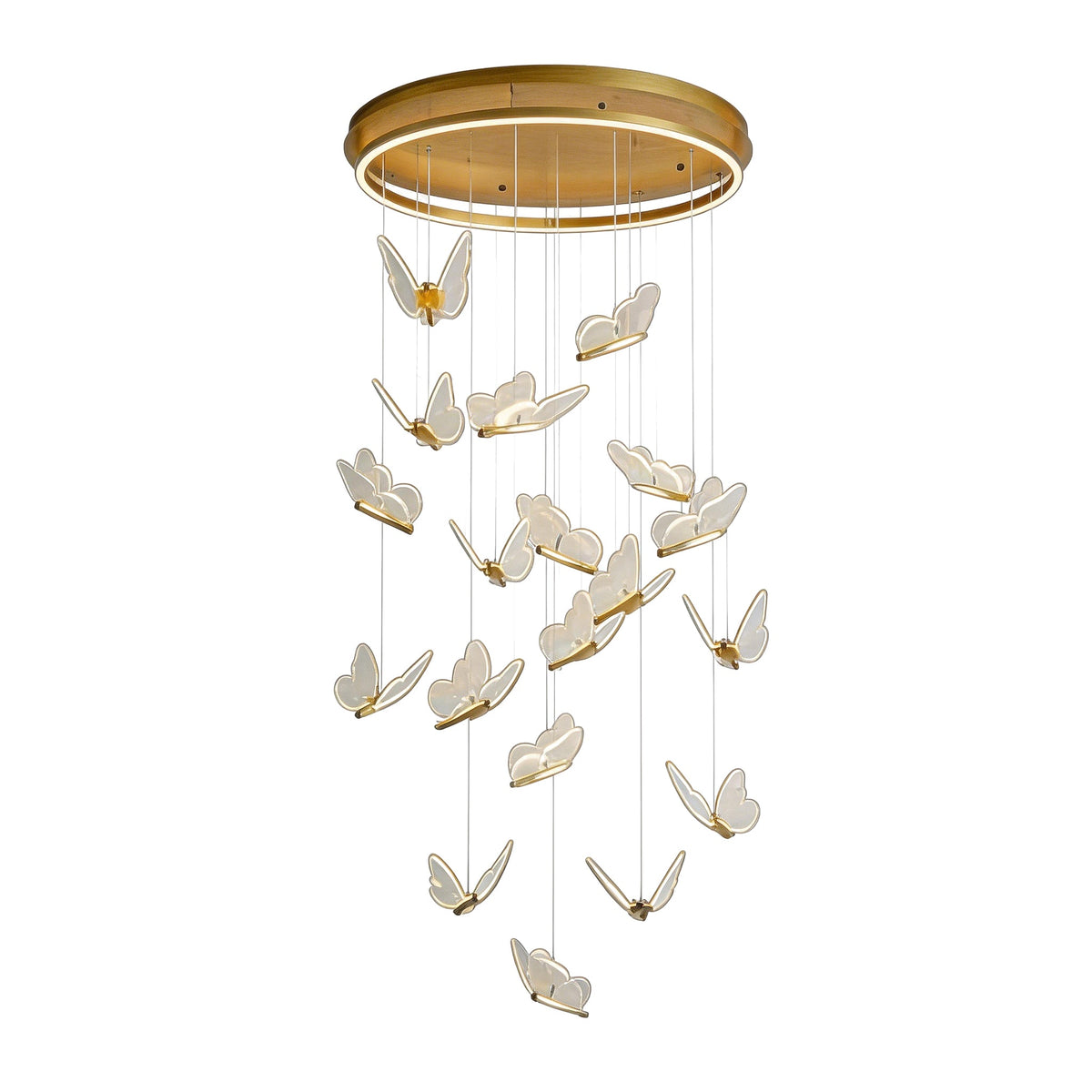 Glowing Butterfly Staircase Chandelier, Gold Iron and Acrylic Light 20