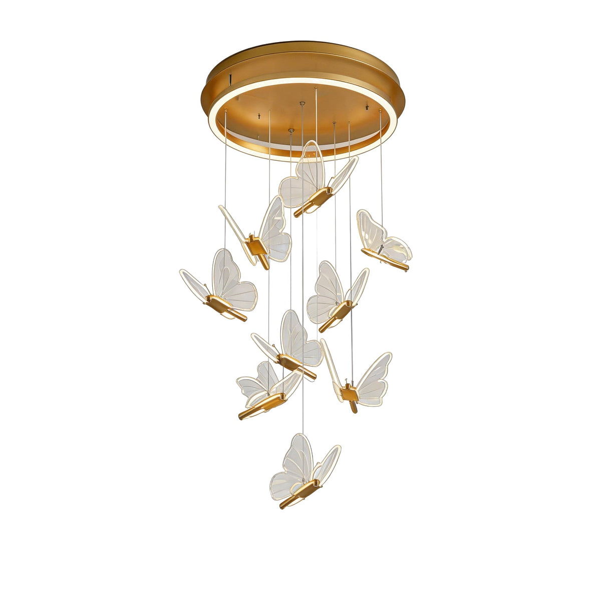 Glowing Butterfly Staircase Chandelier, Gold Iron and Acrylic Light 18