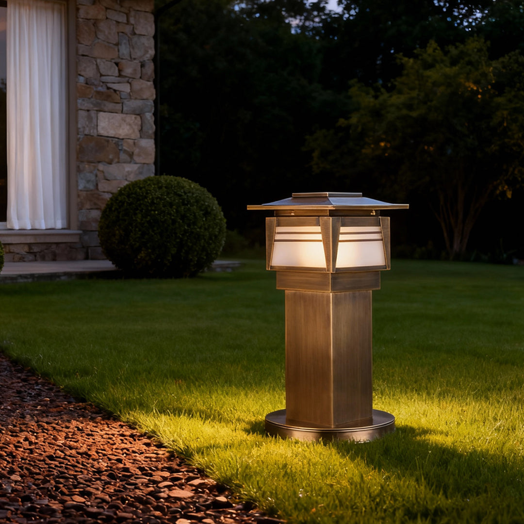 Pagoda Top Garden Bollard, Antique Copper Landscape Path Light