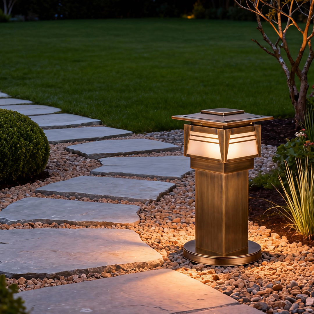 Pagoda Top Garden Bollard, Antique Copper Landscape Path Light