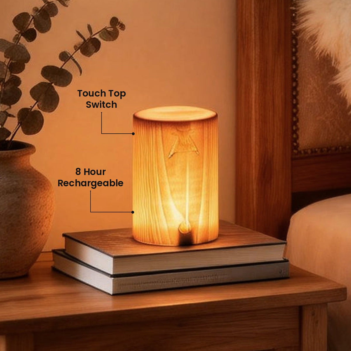Wood Grain Accent Table Lamp: 8 Hour Rechargeable, Touch Top Switch