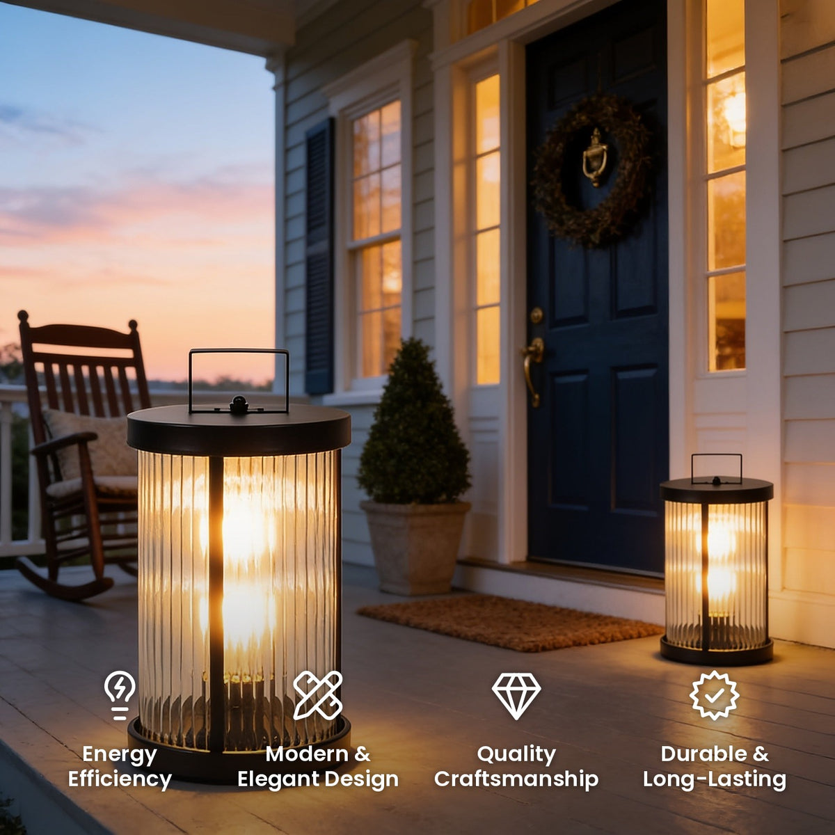 Striped Glass Solar Lantern: energy efficiency, modern and elegant design, quality craftsmanship, durable and long-lasting