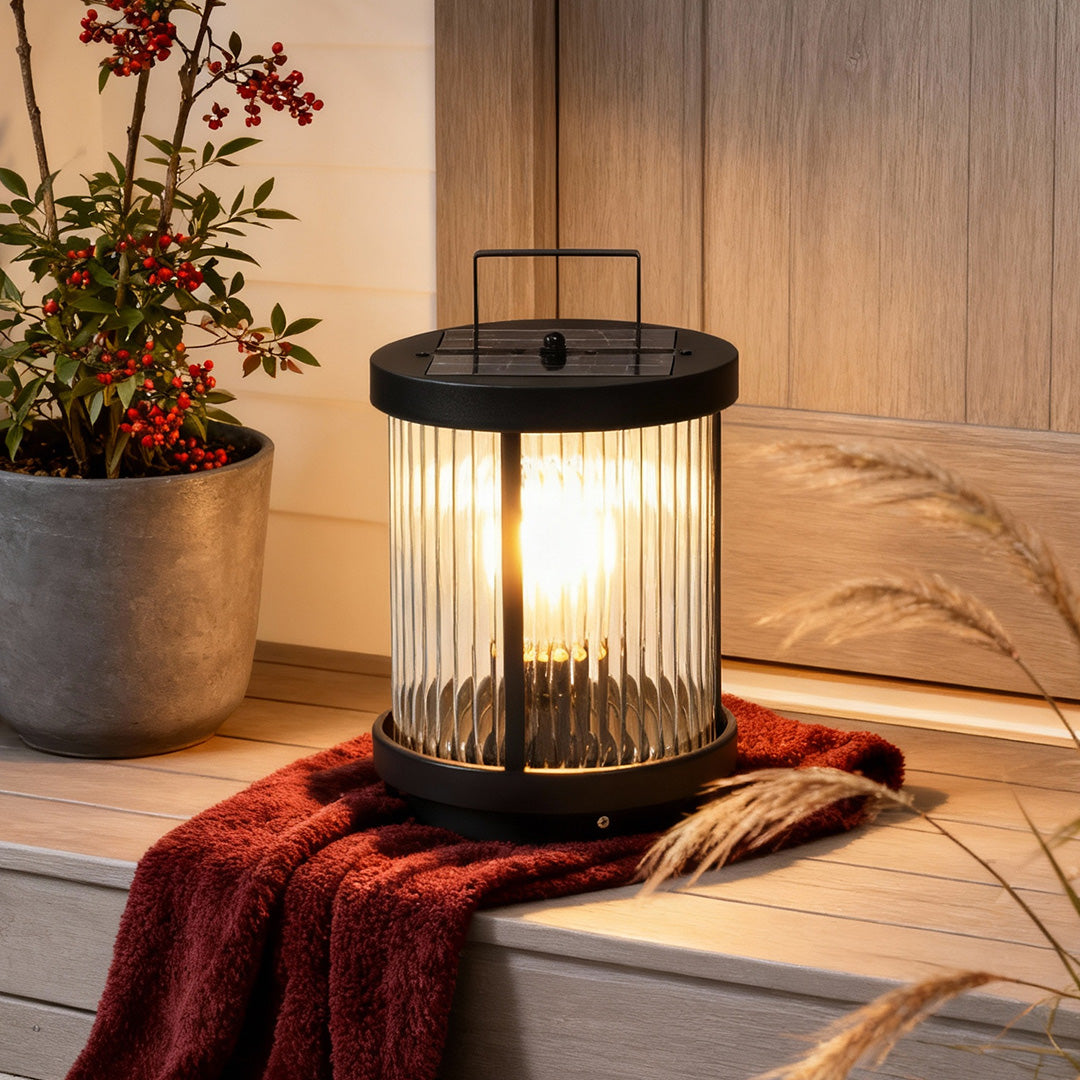 Striped Glass Solar Lantern, Cylindrical Outdoor LED Light