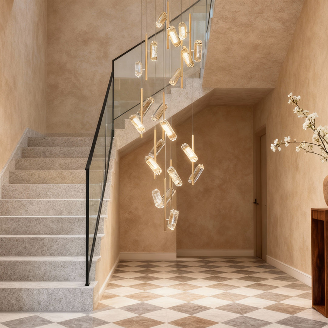 Faceted Block Staircase Chandelier, Gold Aluminum Long Drop Light