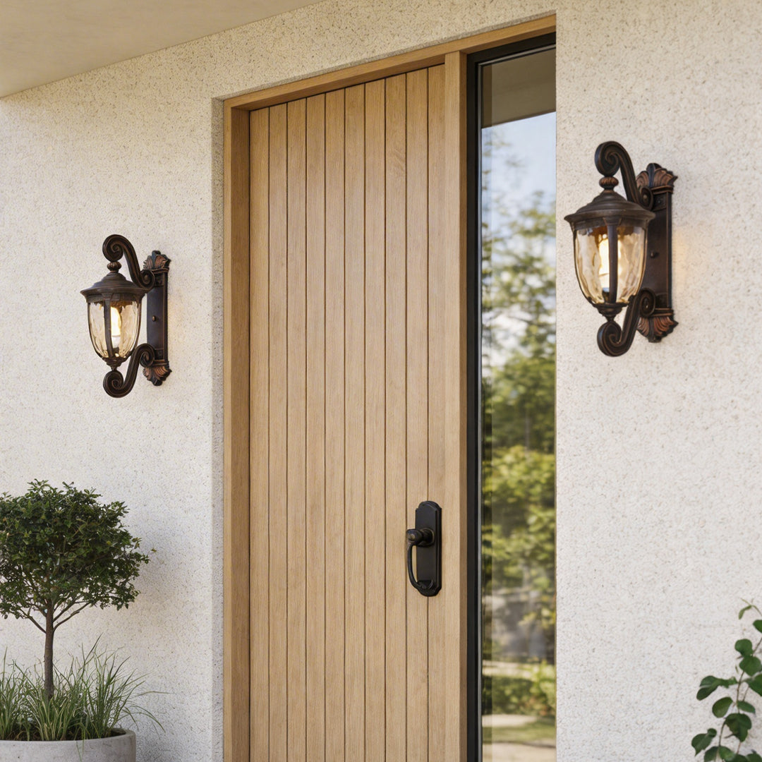 Scroll Arm Lantern Wall Light, Brown Black Aluminum Sconce