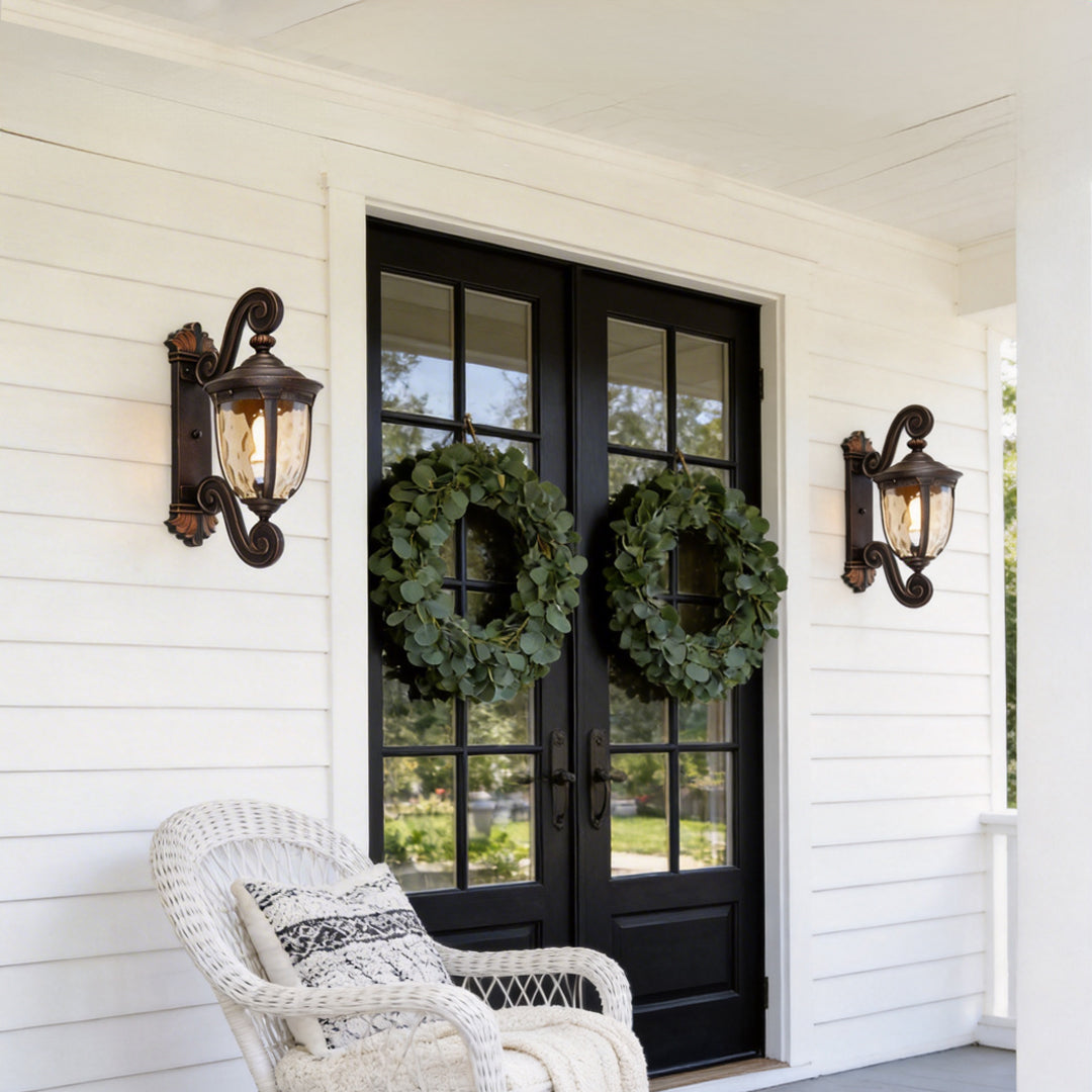 Scroll Arm Lantern Wall Light, Brown Black Aluminum Sconce