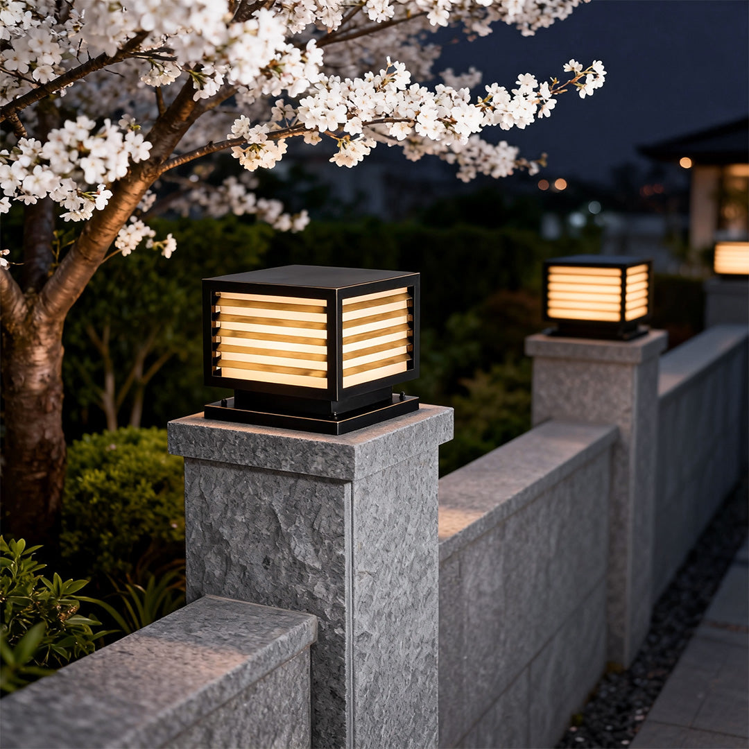 Louvered Cube Pier Light, Black Copper Pillar Cap Light
