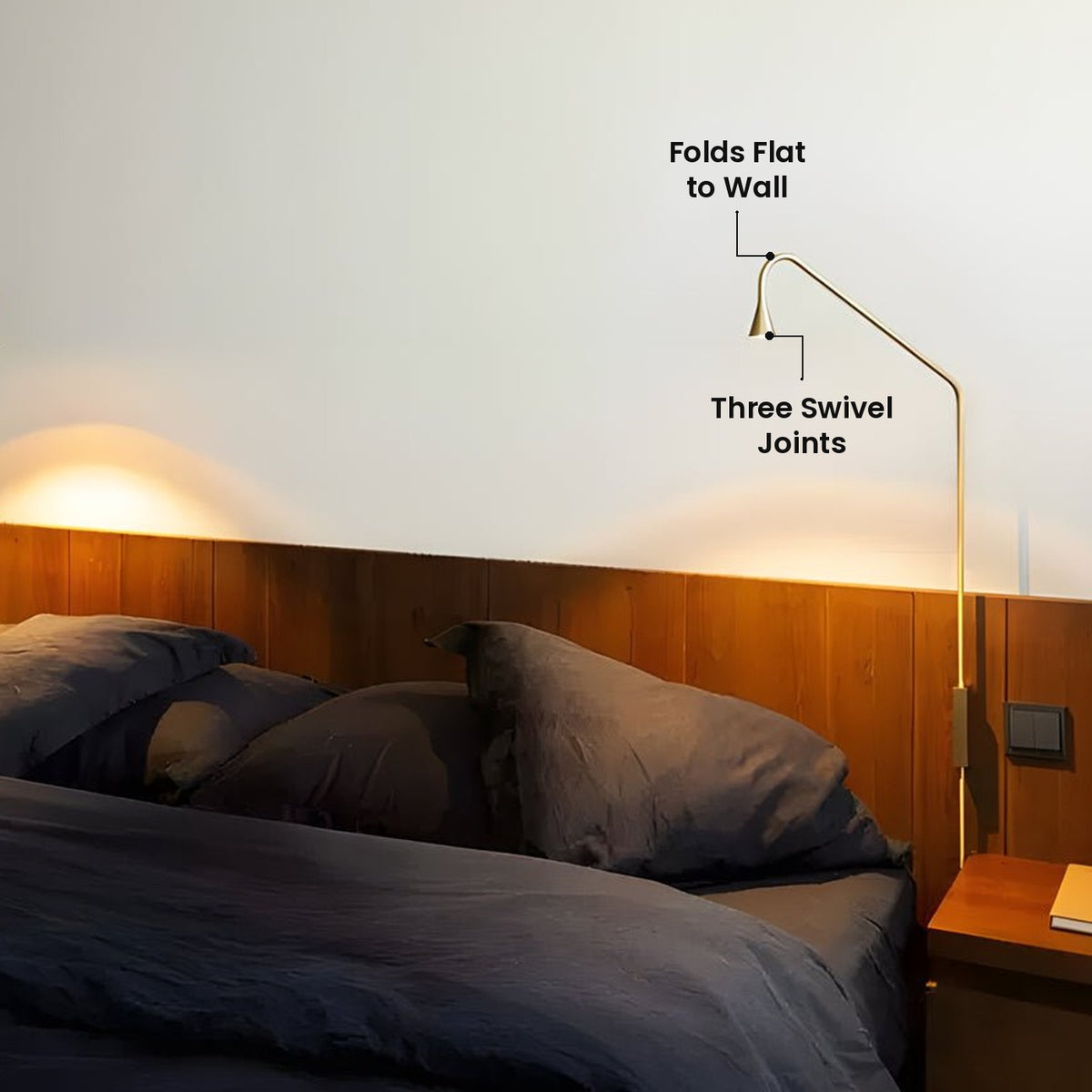 Long Arm Swing Wall Sconce: Three Swivel Joints, Folds Flat to Wall
