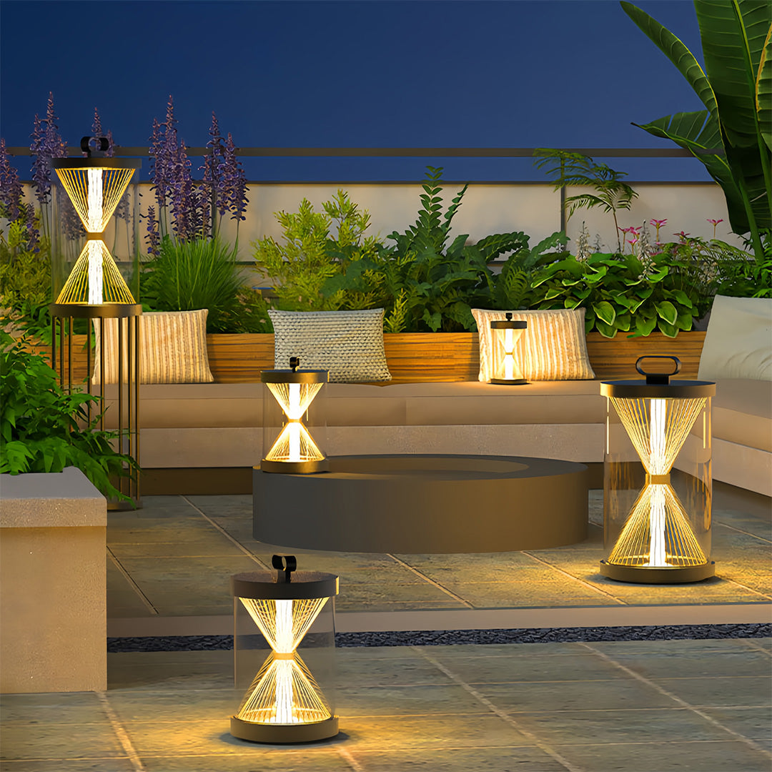 Hourglass Glass Lantern, Black Stainless Steel Outdoor Lantern