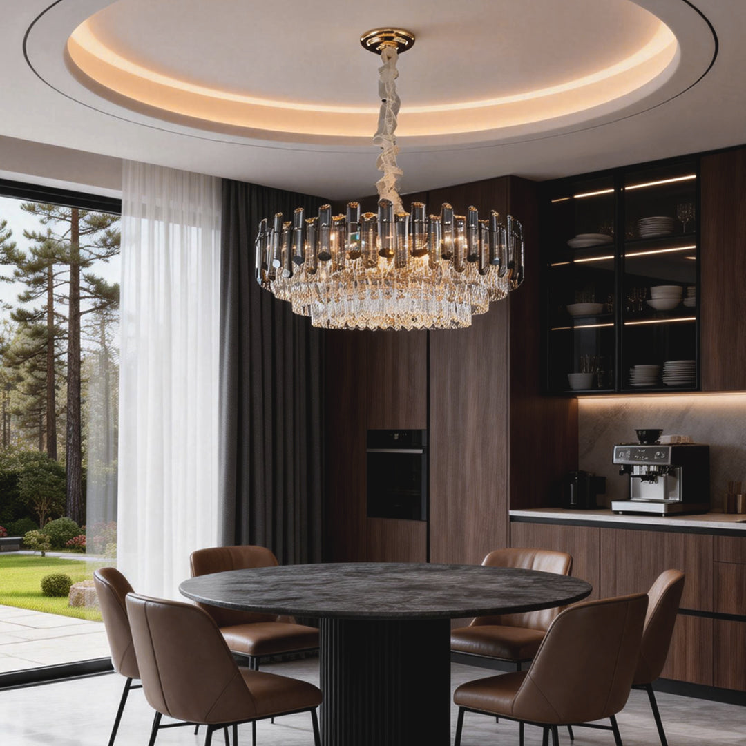 Tiered Smoke Crystal Drum Chandelier, Gold Iron Ceiling Light