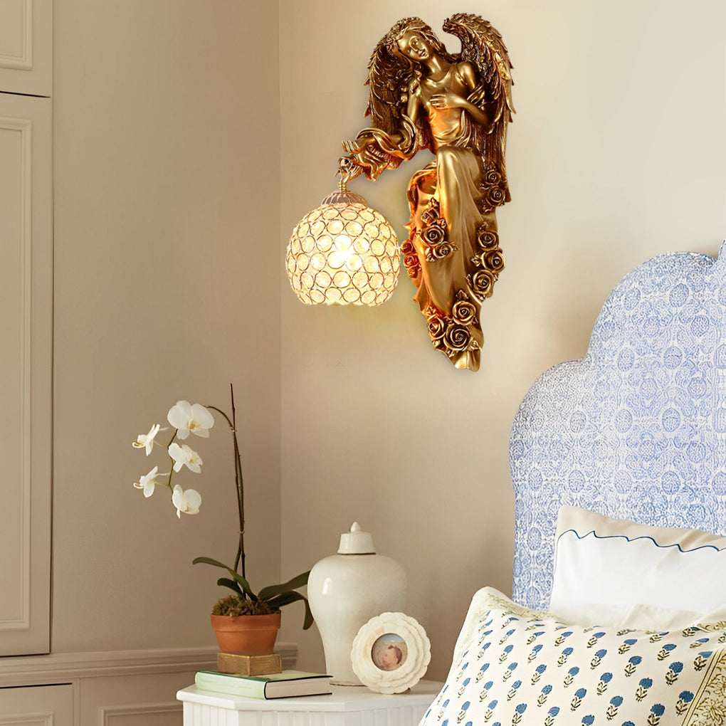 Guardian Angel Wall Sconce, Gold Resin Crystal Wall Light
