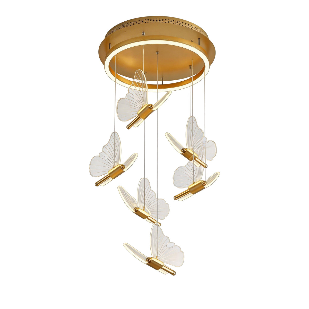 Glowing Butterfly Staircase Chandelier, Gold Iron and Acrylic Light 17