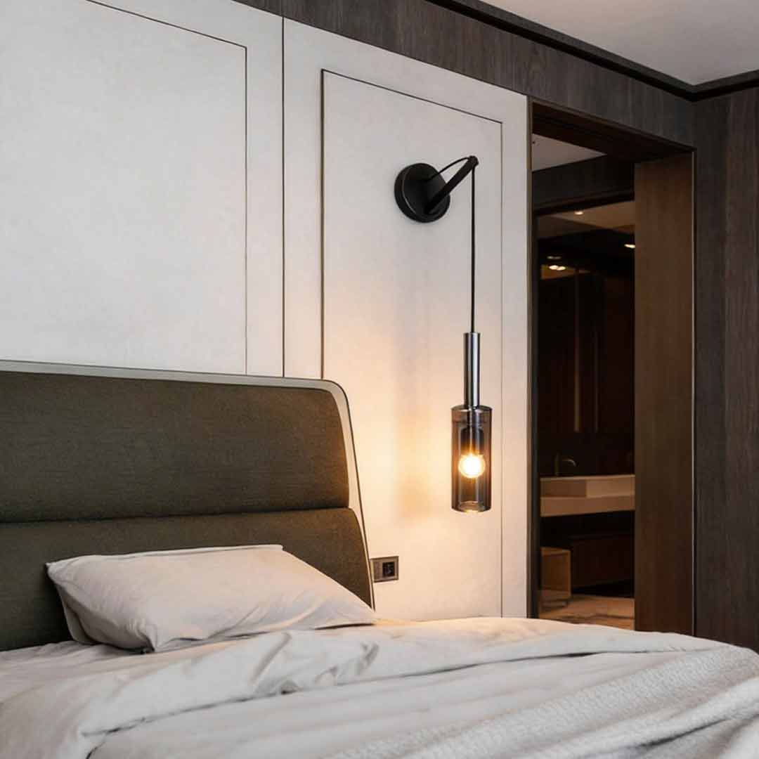Suspended Cord Wall Lamp, Copper and Smoke Glass Light