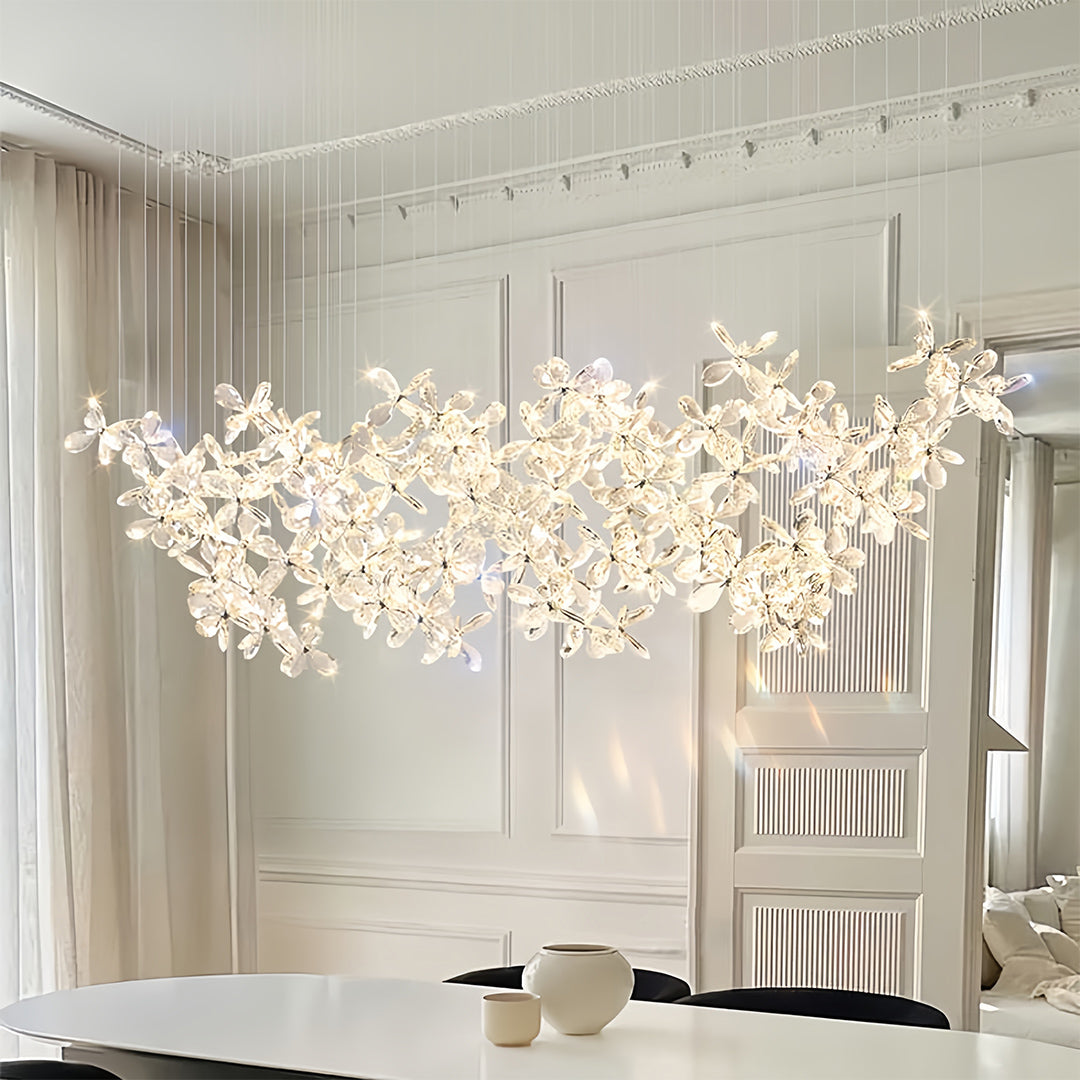 Crystal Blossom Cloud Chandelier, Chrome Rectangular Island Light