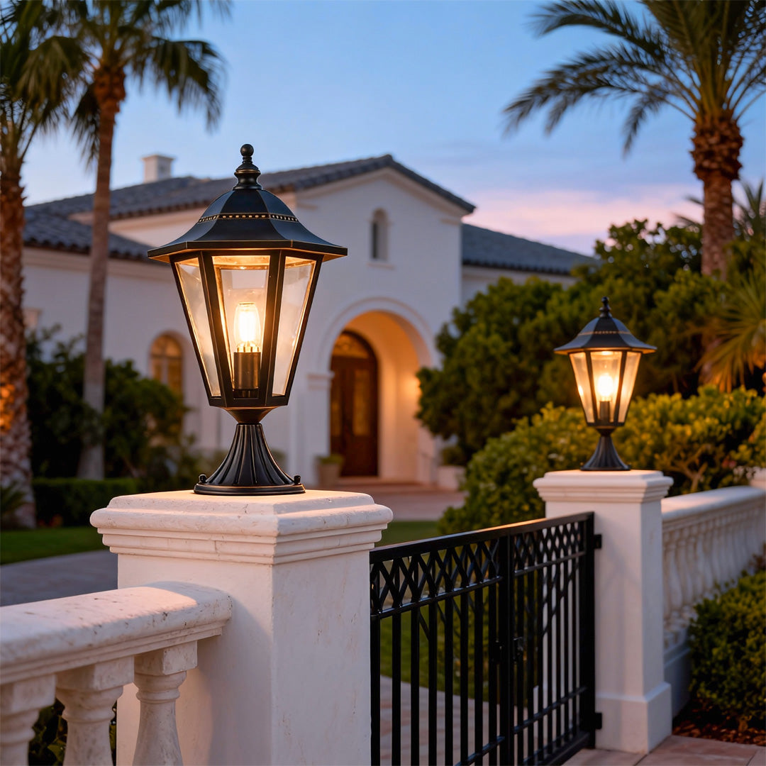 Hexagon Gate Pillar Light, Black Copper and Glass Pier Light