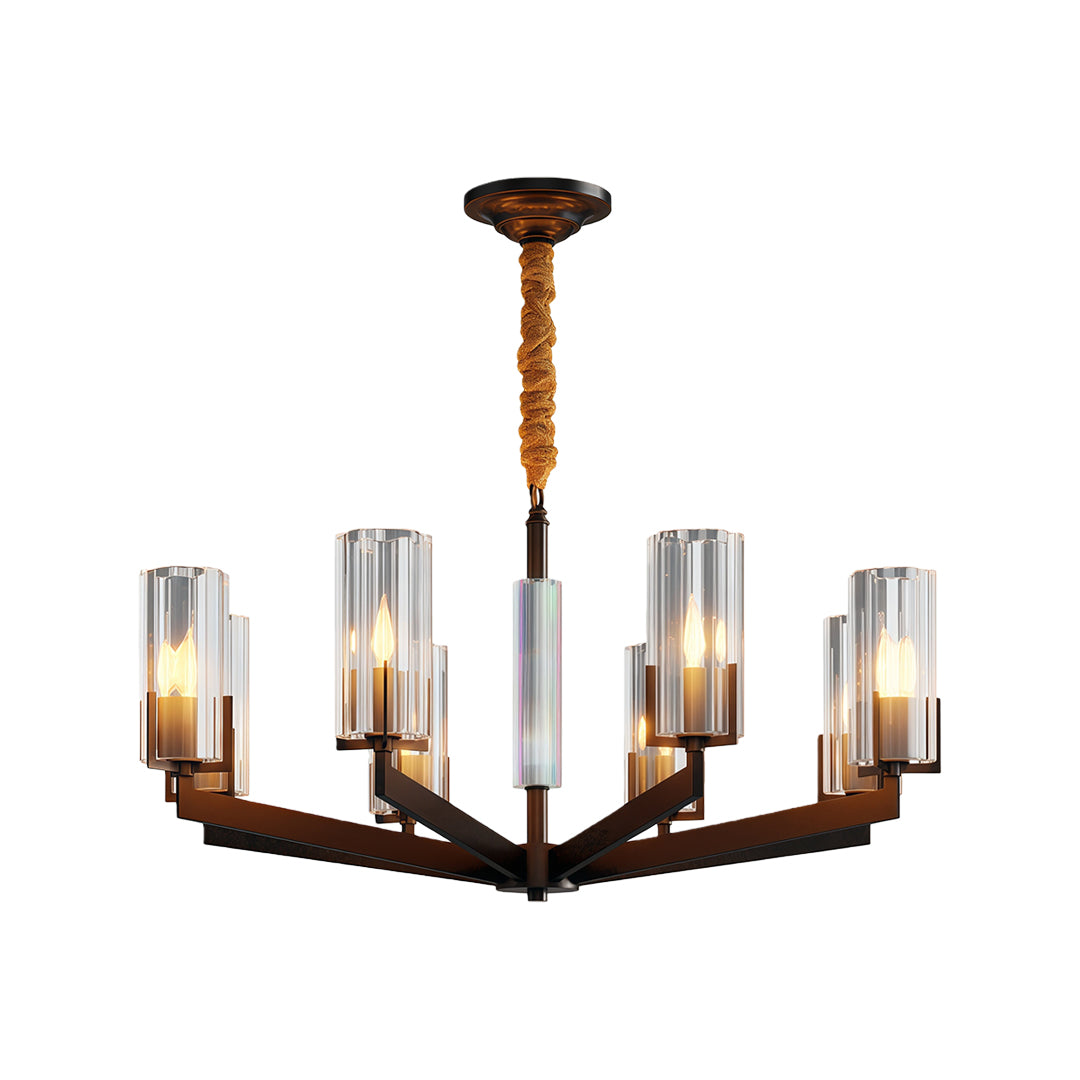 Ribbed Glass Candle Chandelier, Solid Brass Modern Ceiling Light 20
