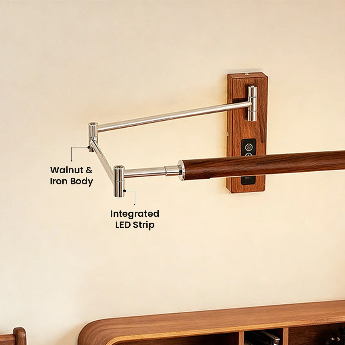 Mid Century Swing Arm Wall Sconce: Walnut & Iron Body, Integrated LED Strip