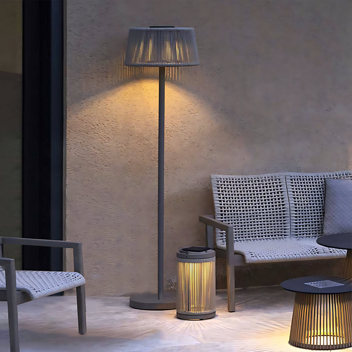 Woven Shade Patio Floor Lamp, Black Steel Outdoor Floor Lamp