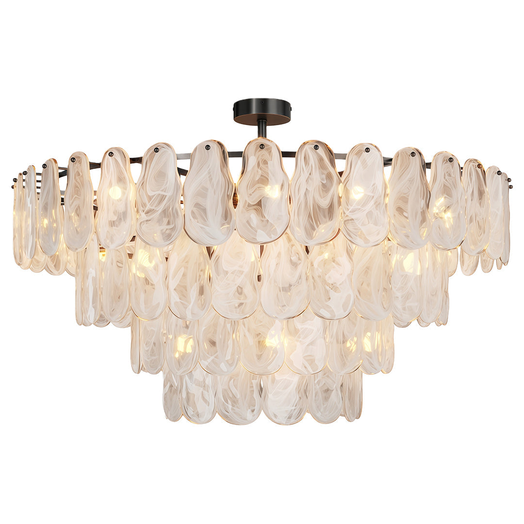 Chandelier above curved dining seating