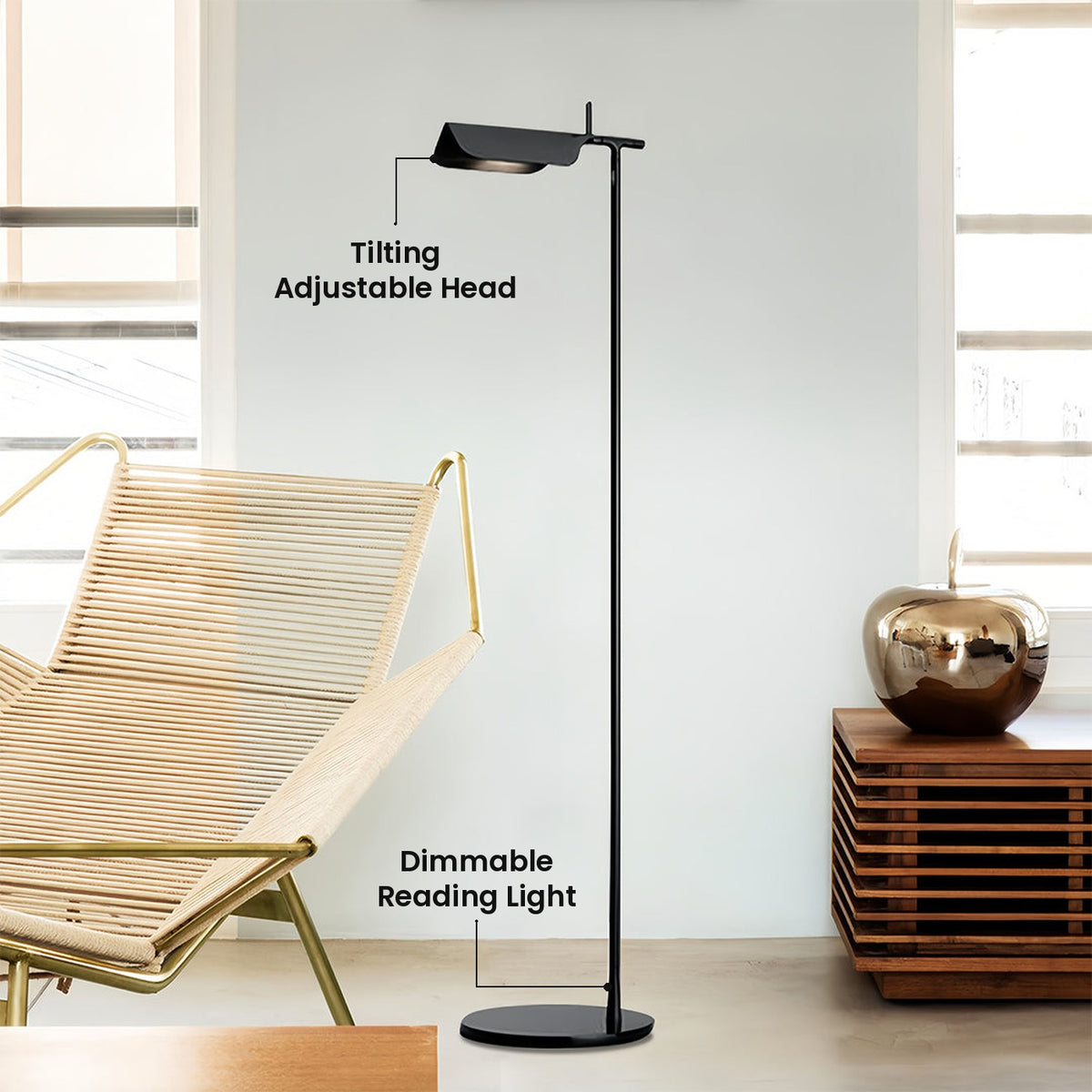 Adjustable Head Floor Lamp: Dimmable Reading Light, Tilting Adjustable Head