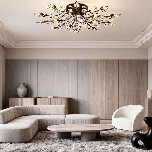 Crystal Leaf Ceiling Light, Brushed Brass Semi Flush Mount, view 4