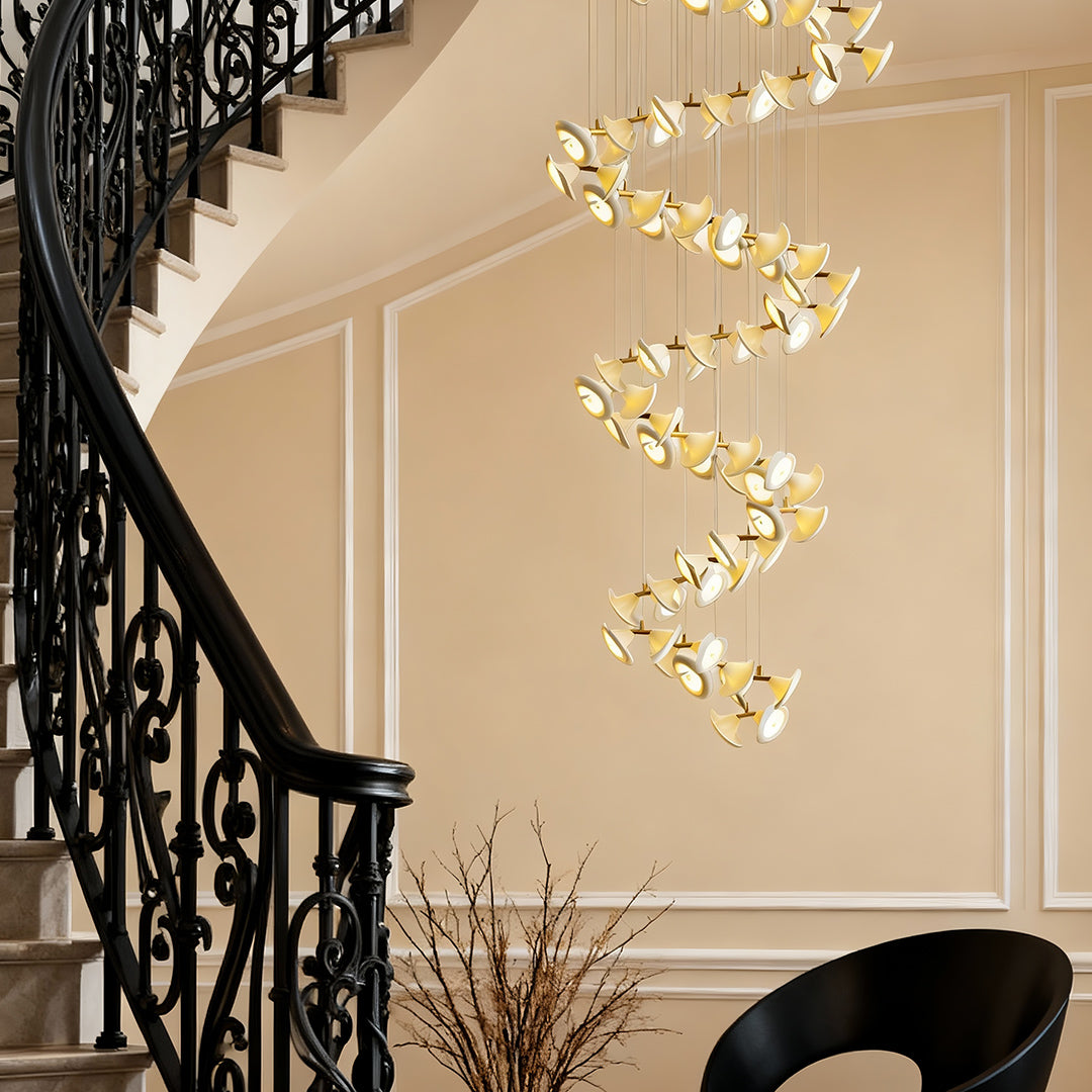 Ceramic Tulip Spiral Staircase Chandelier, Gold Stainless Steel Light 4