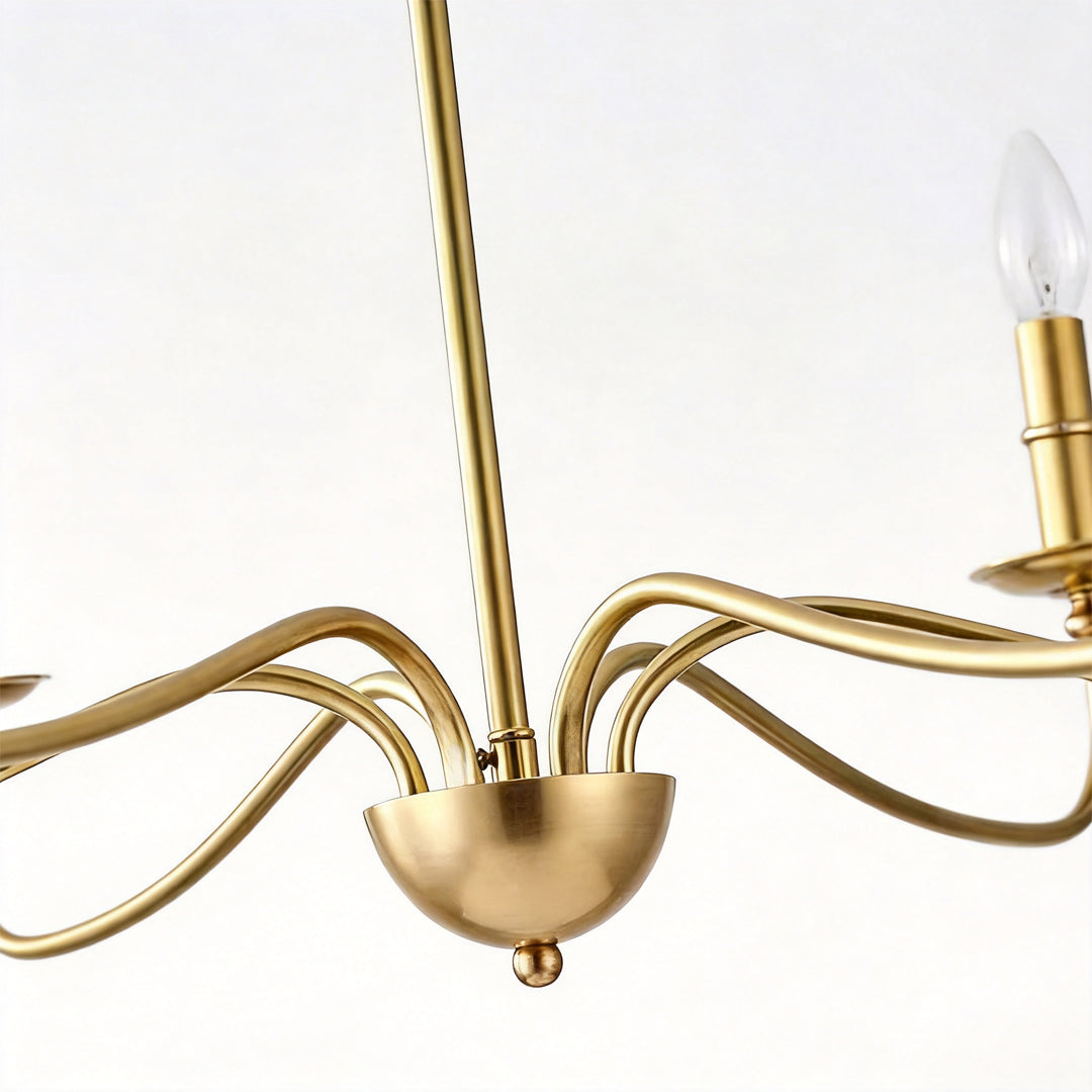 Curved Arm Brass Candle Chandelier, Minimalist Farmhouse Light 6