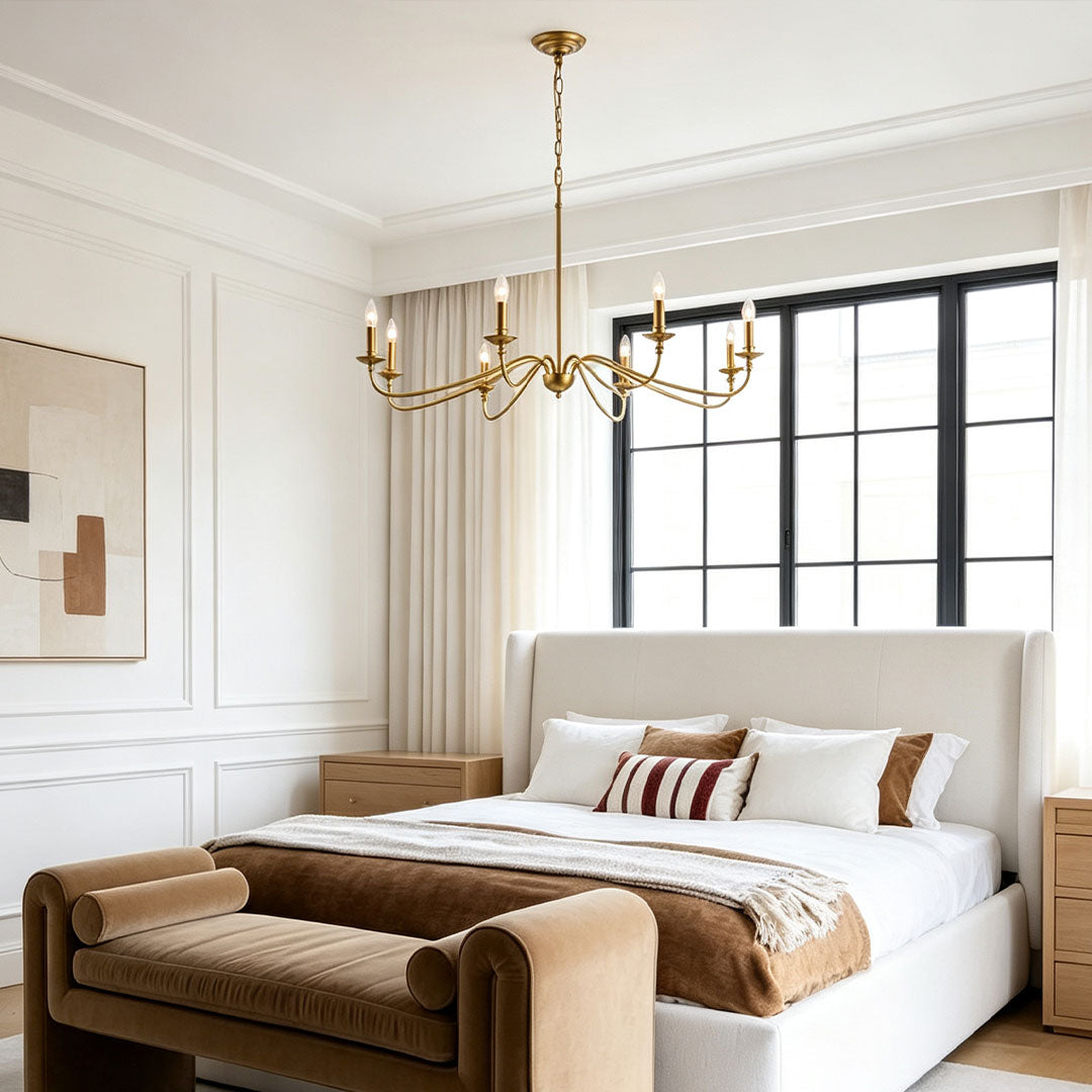 Curved Arm Brass Candle Chandelier, Minimalist Farmhouse Light