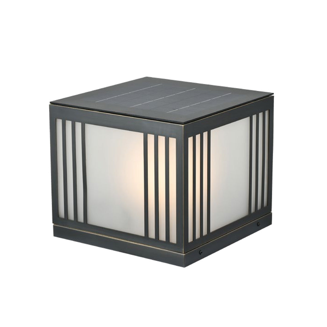Glass Cube Solar Gate Light, Black Copper Pillar Post Light