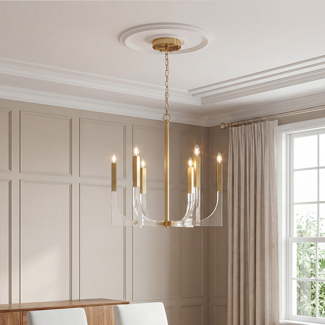 Gold Taper Candle Chandelier, Clear Acrylic Arm Modern Ceiling Light