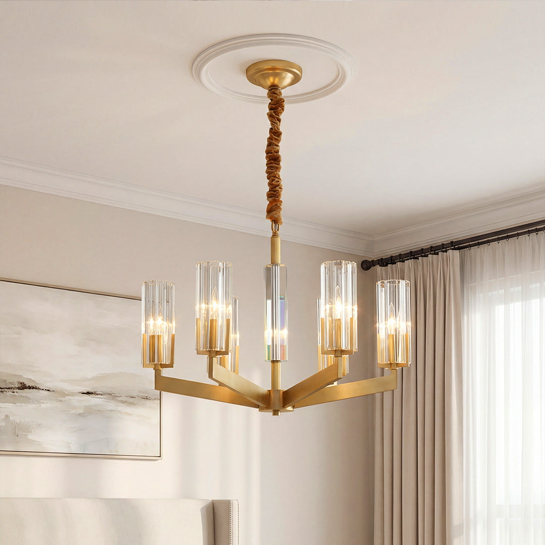 Ribbed Glass Candle Chandelier, Solid Brass Modern Ceiling Light