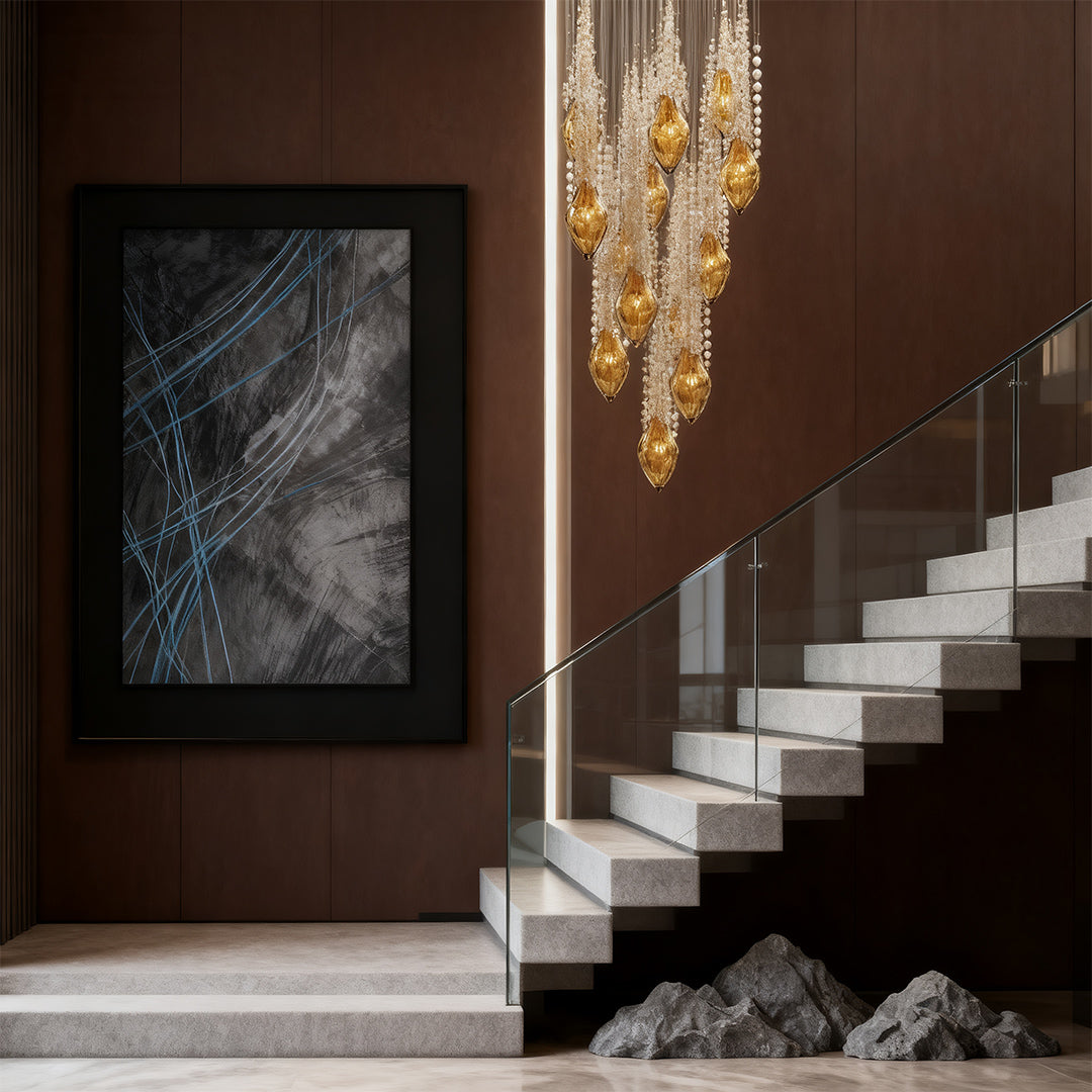 Cognac Crystal Cascade Staircase Chandelier, Stainless Steel Light 3
