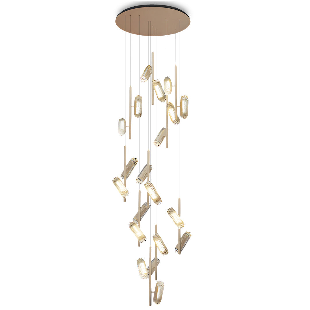 Faceted Block Staircase Chandelier, Gold Aluminum Long Drop Light 6