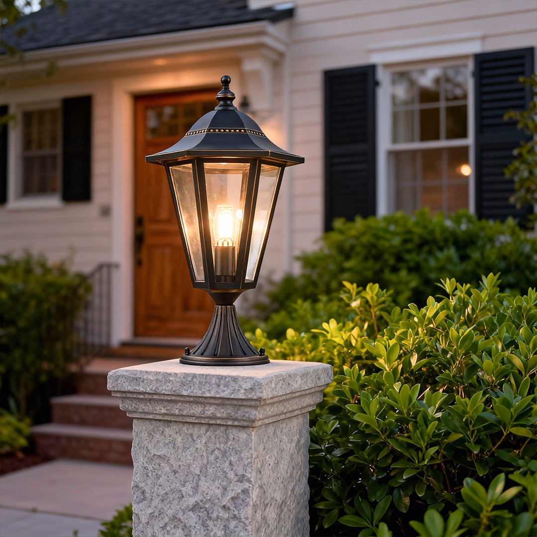 Hexagon Gate Pillar Light, Black Copper and Glass Pier Light