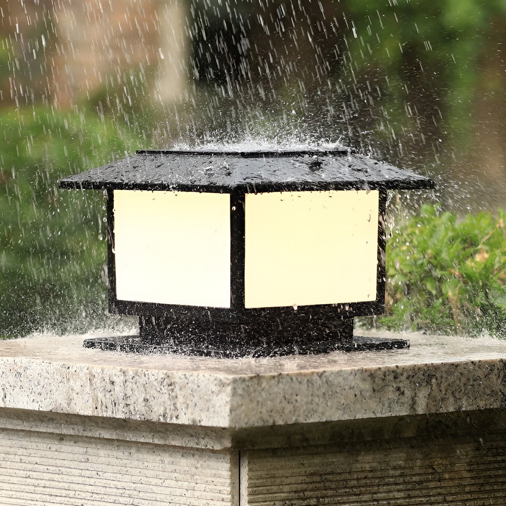 Square Lantern Pillar Light, Black Die Cast Aluminum Post Cap Light 9